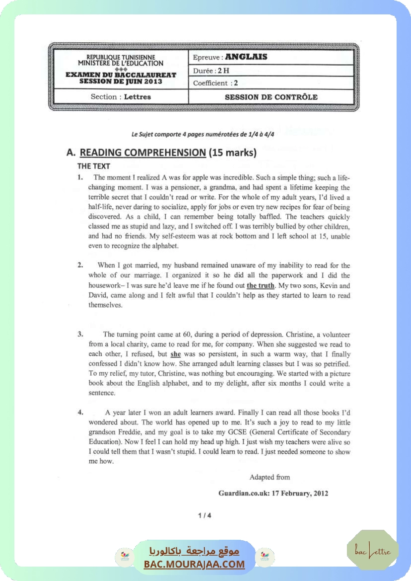 Sujet controle anglais Bac 2013 – Section lettre